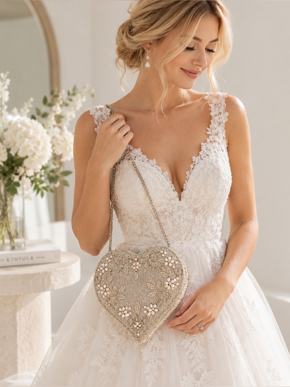 Mary Frances Silver Heart-Beaded Crossbody Bag